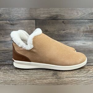 Olukai Malua Hulu Women's Tan leather Shearling-Lined Slip-On Shoes Sz 11